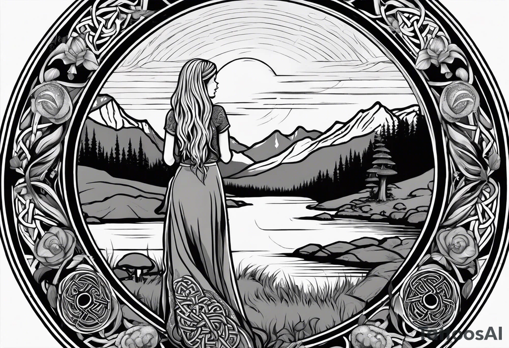 Whole picture encircled fully

Straight long blonde hair hippie girl in distance holding mushrooms in hand facing away toward mountains and creek surrounded by mushrooms long sleeve shirt and hiking pants; whole rendering within a full celtic circle, no cut off circle tattoo idea