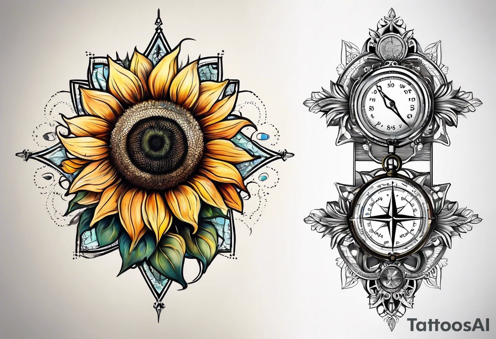 Sunflower next to a compass tattoo idea