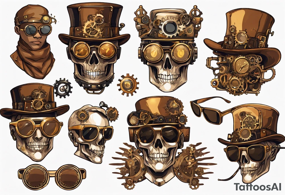 Steampunk
Anime
Gold
Brown
Sunglasses 
Mechanical devices
Leather
People tattoo idea