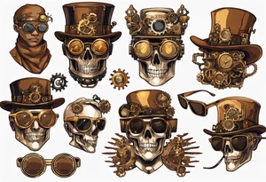 Steampunk
Anime
Gold
Brown
Sunglasses 
Mechanical devices
Leather
People tattoo idea