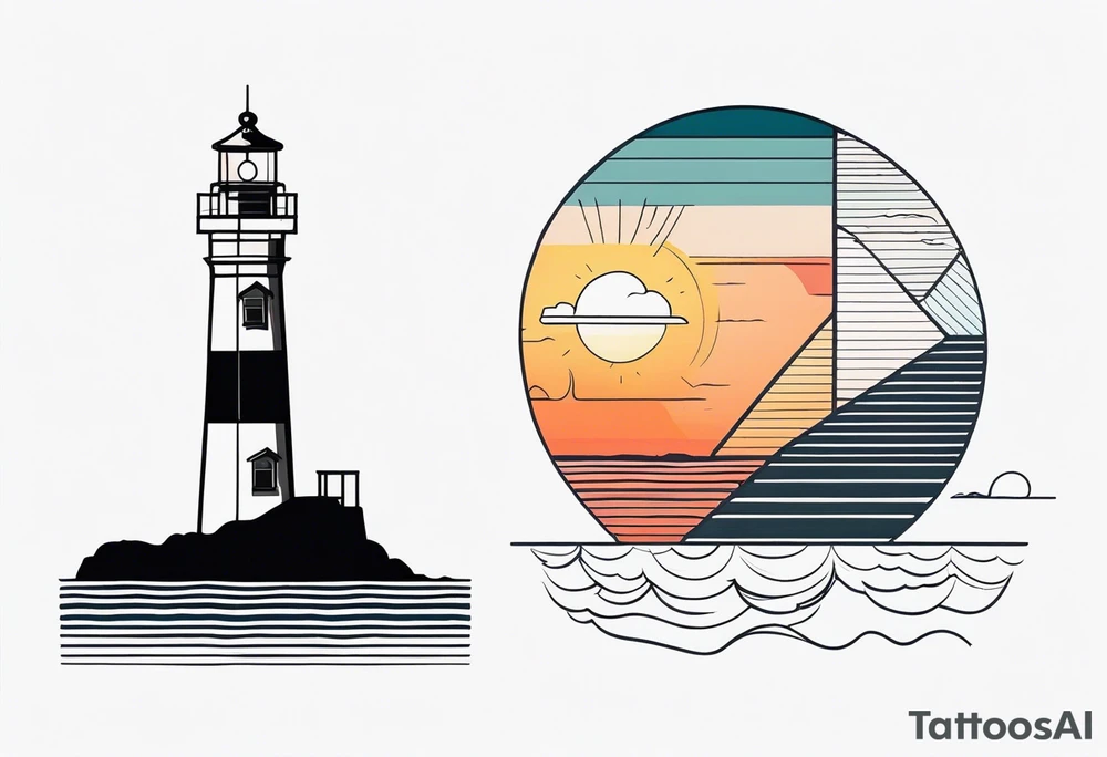 lighthouse very fine line, geometri colored. also rough sea close to the lighthouse with a sunset tattoo idea