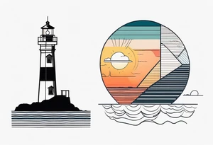 lighthouse very fine line, geometri colored. also rough sea close to the lighthouse with a sunset tattoo idea