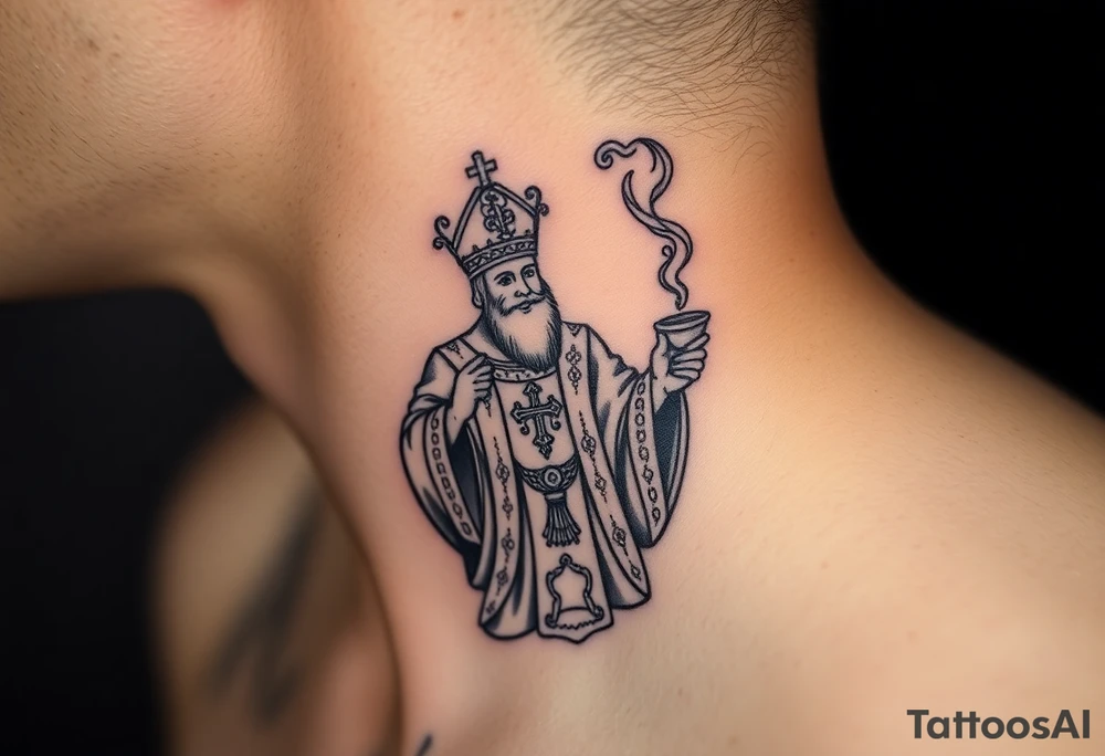 Russian Orthodox Priest in a fully detailed gold vestment swinging a censer with smoke curling upward tattoo idea