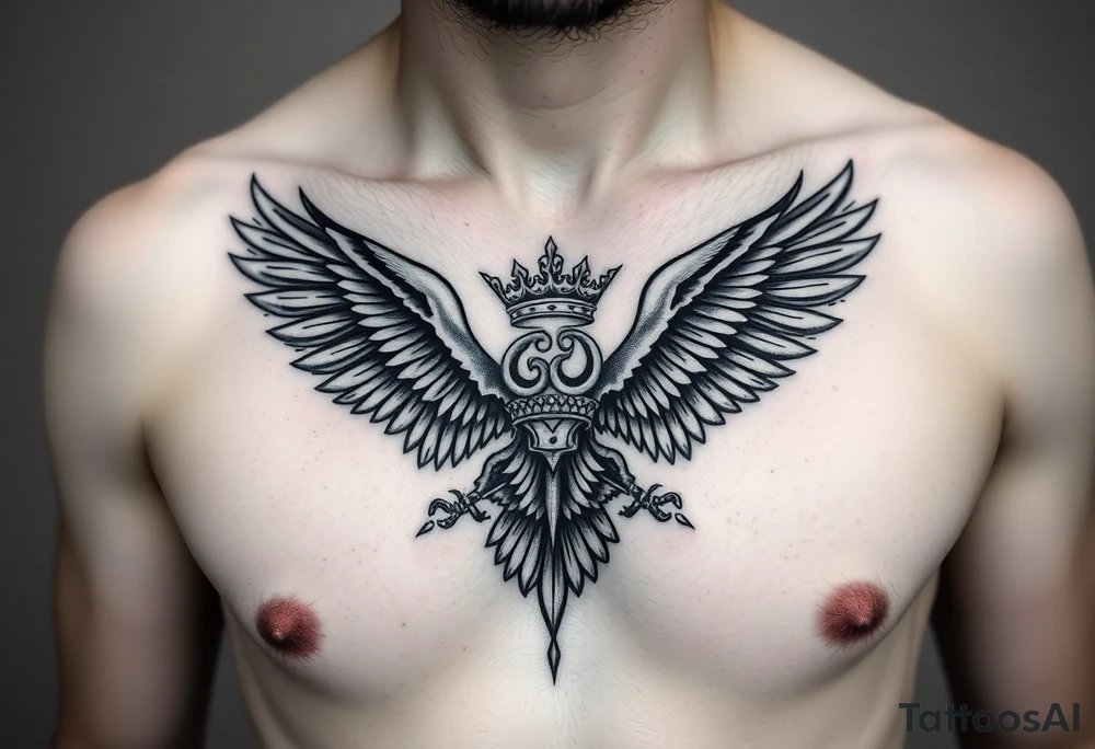 Chest tattoo,powerful two symetrical majestic eagles, surrounded by lure ornaments , between eagles a crown tattoo idea
