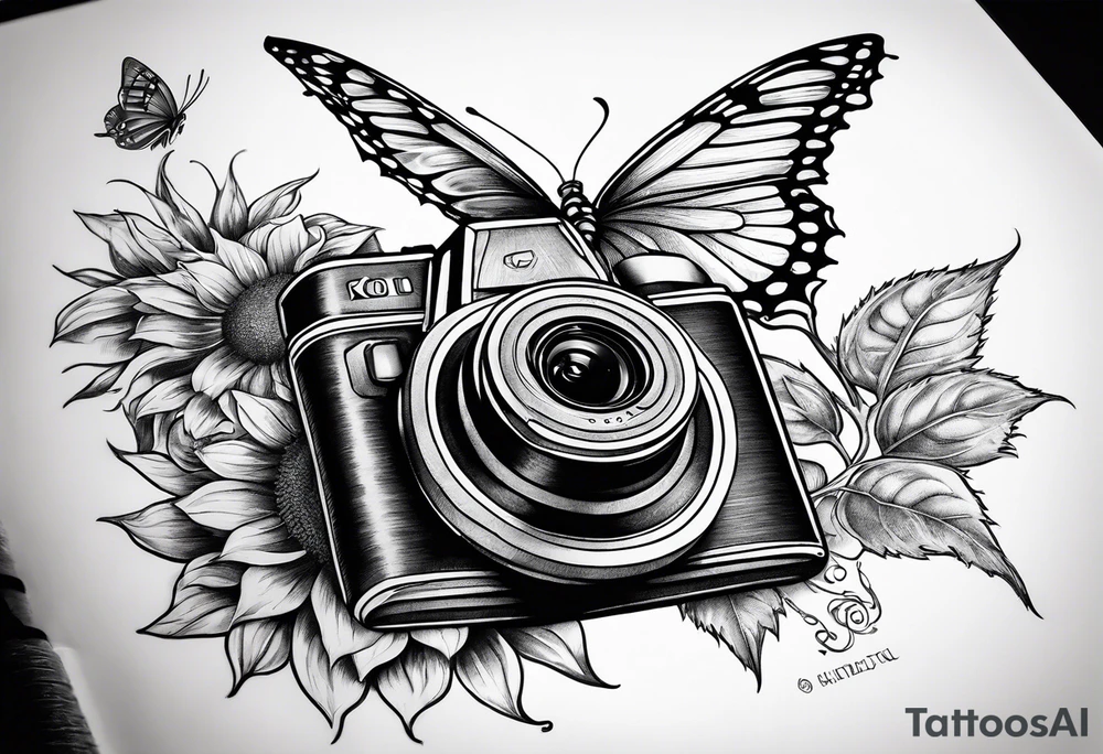 Butterfly, sunflower, camera, book, flower rose tattoo idea
