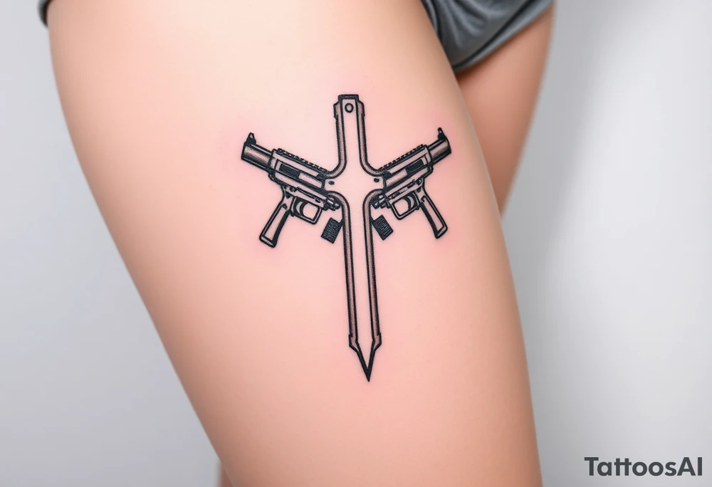 Cross with guns and 
money tattoo idea