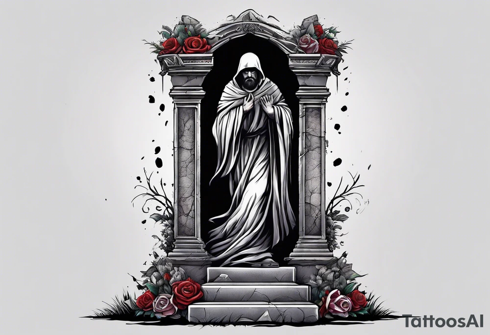 Man emerging from grave. 
MIW Reincarnate written on gravestone tattoo idea