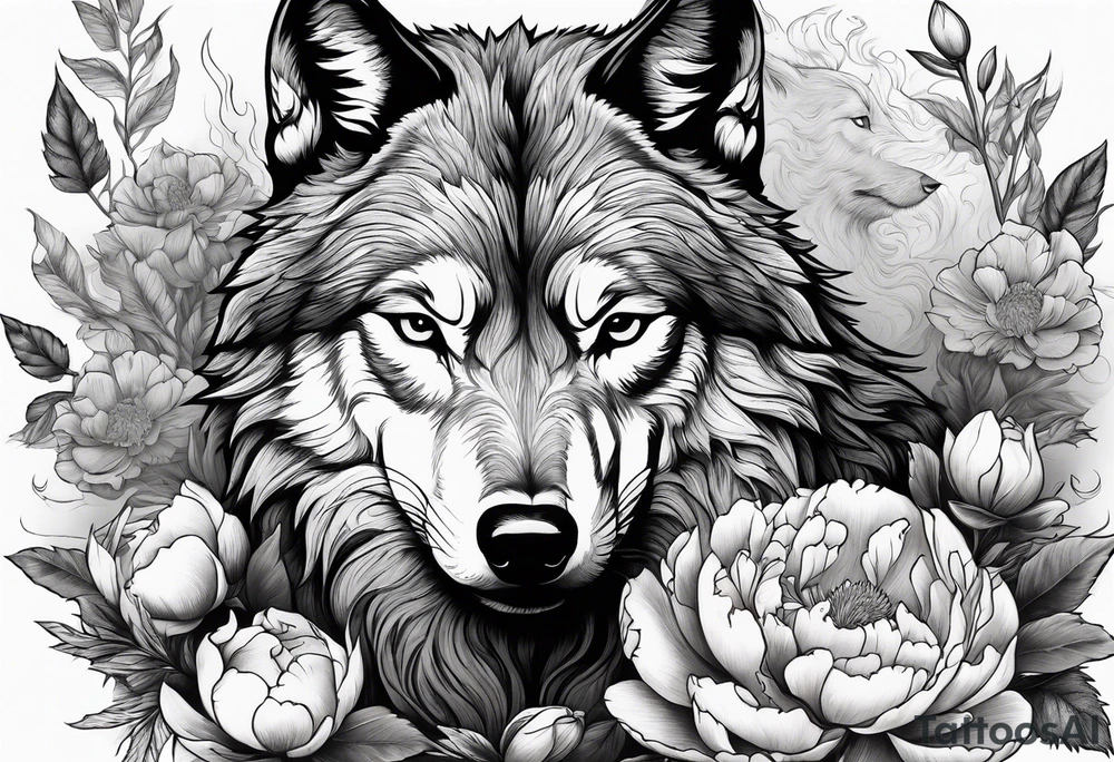 Woodland scene of wolf fighting with peonies and smoke tattoo idea