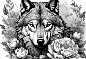 Woodland scene of wolf fighting with peonies and smoke tattoo idea