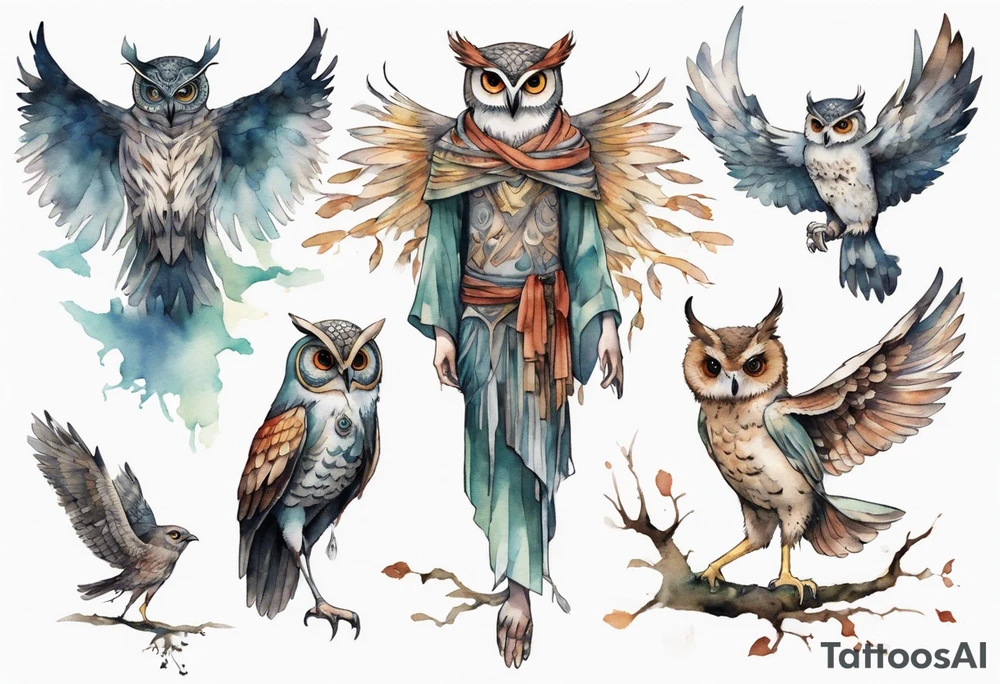 a creature in a tunic wearing an owl mask with long thin legs, the feet of a bird, and wings instead of arms in an evening forest tattoo idea