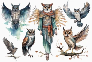 a creature in a tunic wearing an owl mask with long thin legs, the feet of a bird, and wings instead of arms in an evening forest tattoo idea