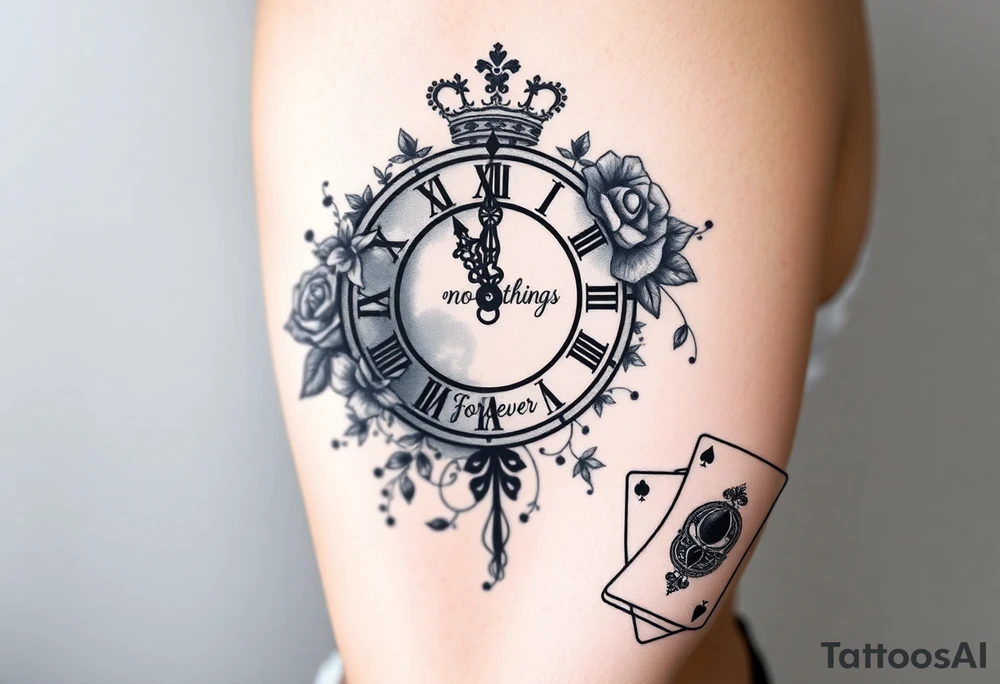 Roman clock with roses and a crown, a quote that says nothings forever. and on the bottom a deck of cards tattoo idea
