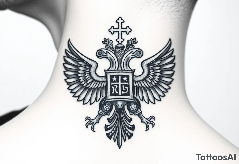 Russian coat of arms with the 2 headed traditional eagles left foot holding a ak47 wand and on the other the tractional orthodox Christian bell with the cross on the top tattoo idea