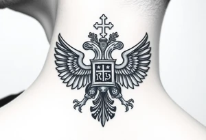 Russian coat of arms with the 2 headed traditional eagles left foot holding a ak47 wand and on the other the tractional orthodox Christian bell with the cross on the top tattoo idea