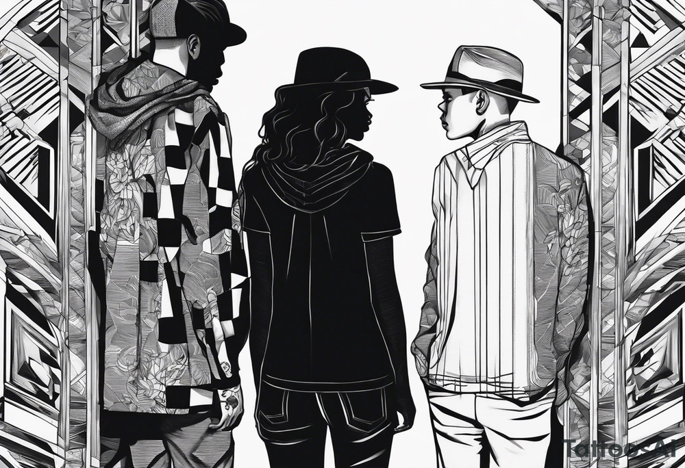 2 black shadows of people standing over 2 black shadows of murdered people tattoo idea