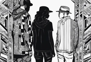 2 black shadows of people standing over 2 black shadows of murdered people tattoo idea