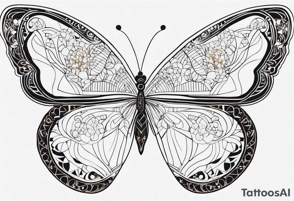 Simple butterfly silhouette with Gustav Klimt’s gold accents and intricate patterns, delicate line work with geometric shapes subtly woven into the wings. tattoo idea