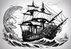 Pirat ship on the sea a sirene and a skull tattoo idea