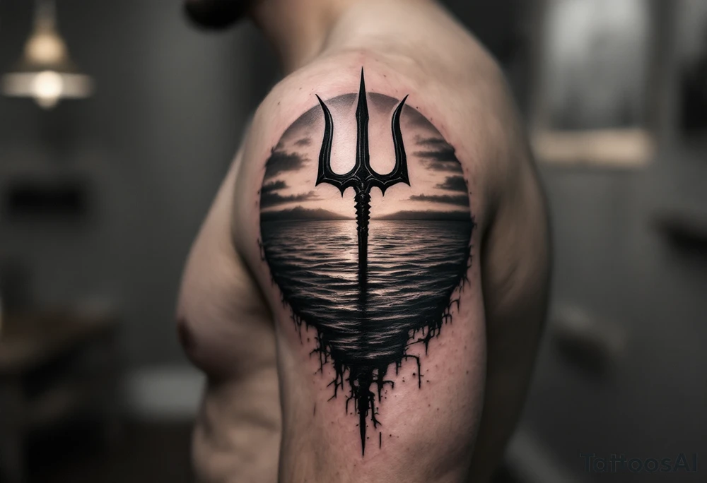 trident half way under calm water at sunset tattoo idea