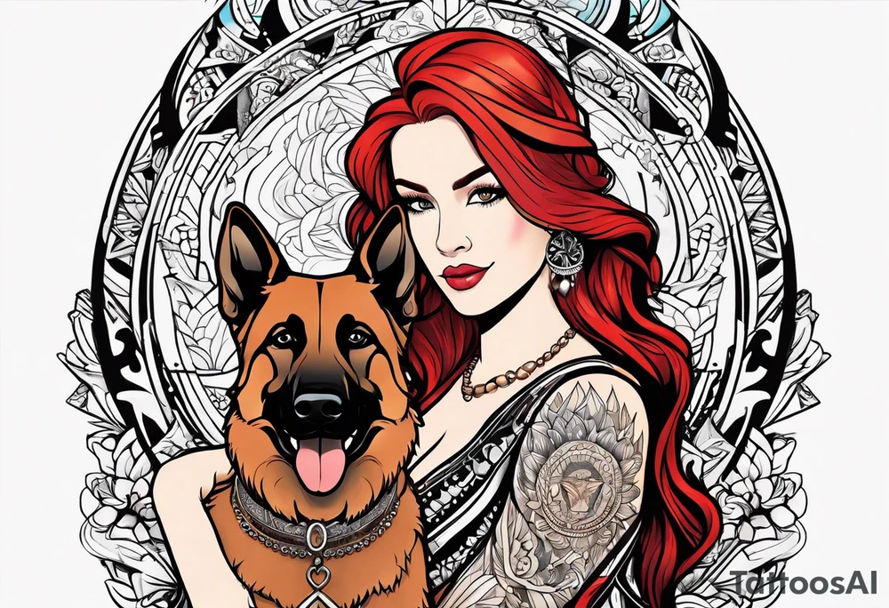 red hair woman with German shepherd dog tattoo idea