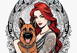 red hair woman with German shepherd dog tattoo idea