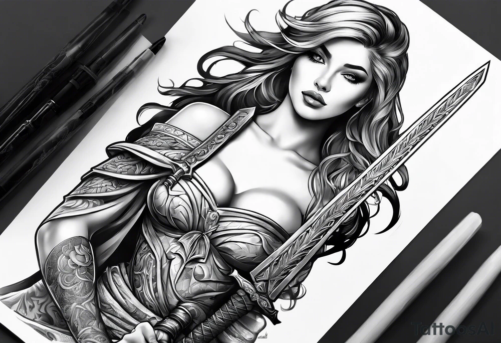 Woman holding a sword tattoo idea