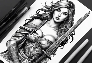 Woman holding a sword tattoo idea