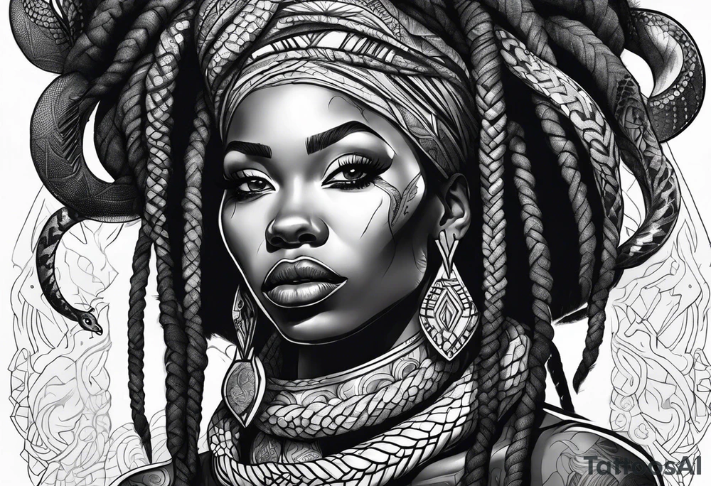 African woman  with snake dreads tattoo idea