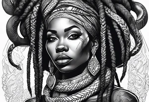 African woman  with snake dreads tattoo idea