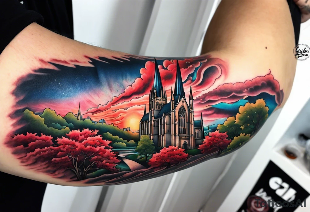 Full arm sleeve with multiple elements blended together. I want the Duke university chapel , cherry tree elements , red clouds from akatski , naruto or sauske , Atl skyline and captain tattoo idea