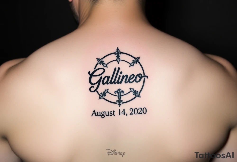 disney symbol with the name Galileo and the date August 14,2020, incorporated tattoo idea