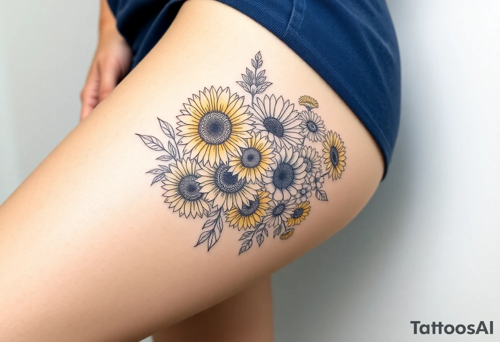 Bouquet of sunflowers, water Lillies, dahlias, marigolds, carnations, hydrangeas, daisys, and chrysanthemums tattoo idea