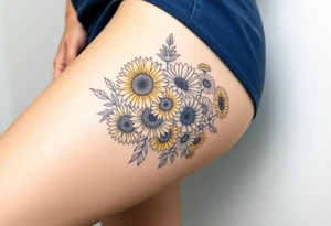 Bouquet of sunflowers, water Lillies, dahlias, marigolds, carnations, hydrangeas, daisys, and chrysanthemums tattoo idea