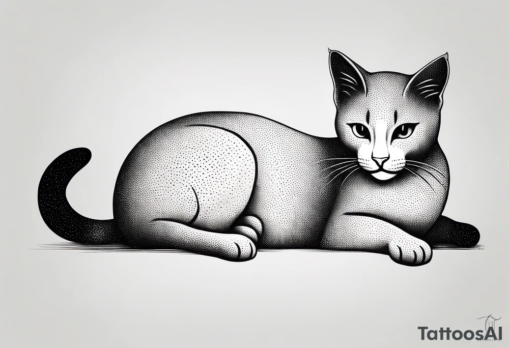 Design a simple outline tattoo of a cat stretching, embodying grace and flexibility, perfect for a subtle yet expressive design tattoo idea