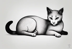 Design a simple outline tattoo of a cat stretching, embodying grace and flexibility, perfect for a subtle yet expressive design tattoo idea