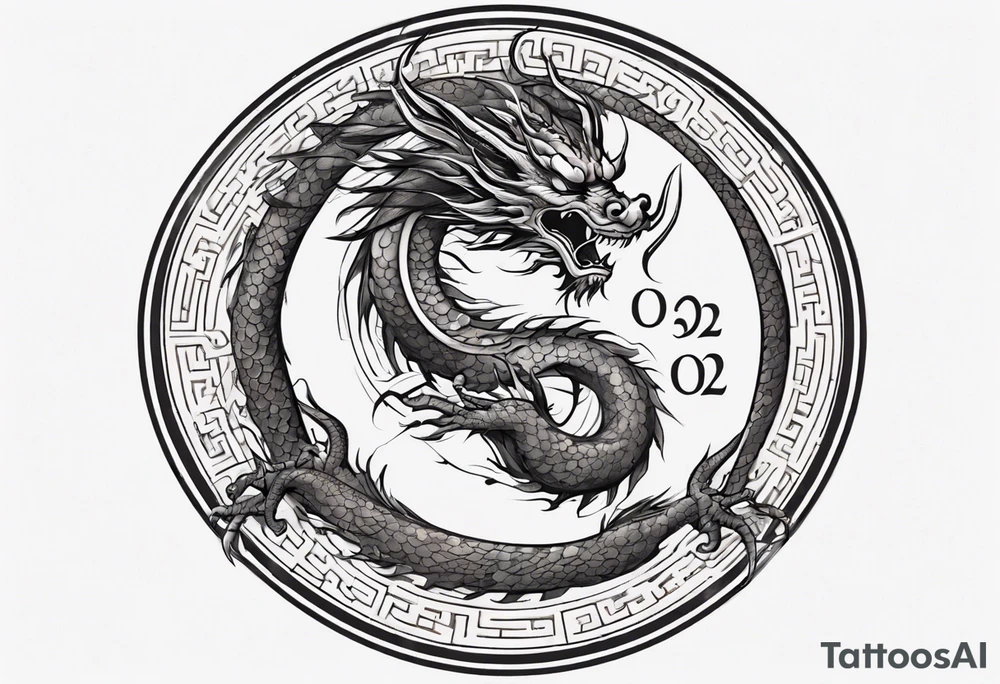 Chinese dragon in a circular shape with "02.03" written on it tattoo idea