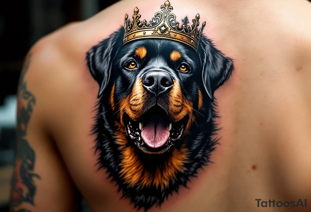 Rottweiler with Crown – A proud black and tan Rottweiler wearing a worn gold crown, symbolizing loyalty and strength. Hyper-realistic fur texture with warm amber eye details. tattoo idea
