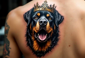 Rottweiler with Crown – A proud black and tan Rottweiler wearing a worn gold crown, symbolizing loyalty and strength. Hyper-realistic fur texture with warm amber eye details. tattoo idea