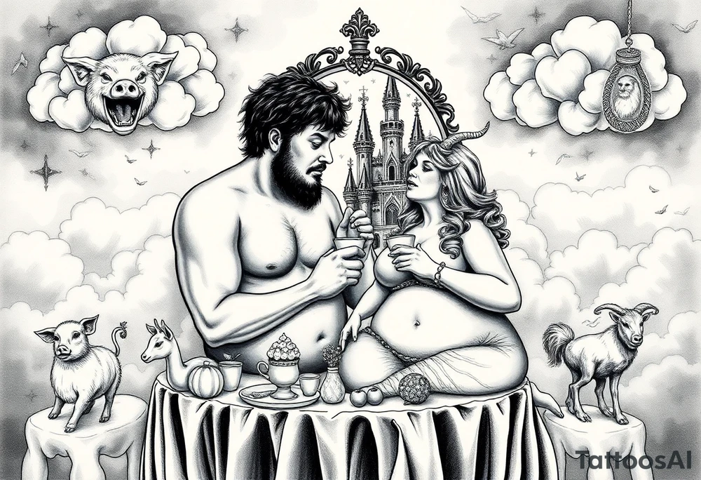 Naked Man and fat woman having sex eating cupcakes and  fruit  having sex clouds gothic sexy naked fat lady having a tea party with tea pot with fancy castle  
with mystical  a pigs, peacock,  lion, goat, noose and smoking cigerettes looking in the mirror thru storm clouds and broken hearts and darkness and wrath, envy , gluttony, greed, sloth, pride . Gothic tattoo idea