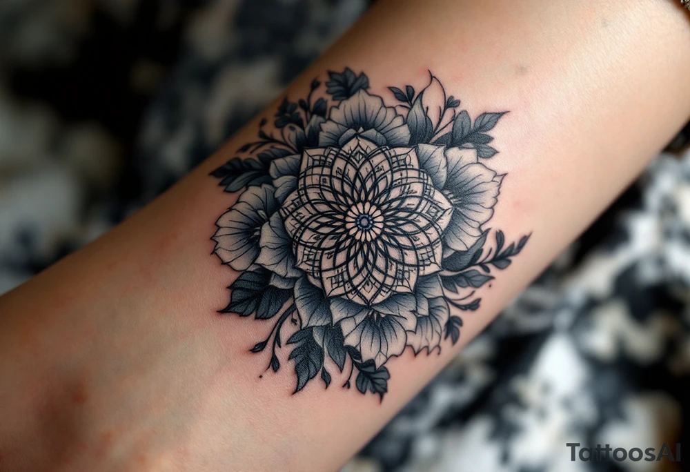 A delicate, intricate mandala placed in a circle surrounded by soft, flowing flowers, symbolizing harmony, balance, and femininity. tattoo idea
