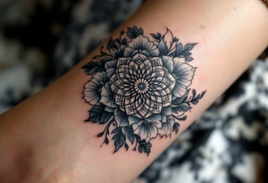 A delicate, intricate mandala placed in a circle surrounded by soft, flowing flowers, symbolizing harmony, balance, and femininity. tattoo idea
