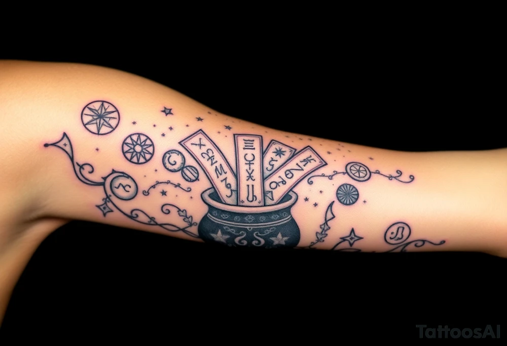 Milky way filled with zodiac symbols runes tarot cards coming out of amcauldron tattoo idea