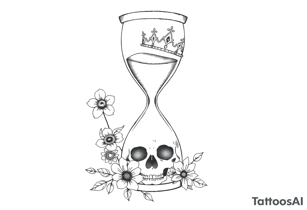 Hourglass with detailed beautiful gothic boho flowers on vine and skull with gorgeous crown tattoo idea