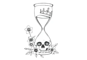 Hourglass with detailed beautiful gothic boho flowers on vine and skull with gorgeous crown tattoo idea