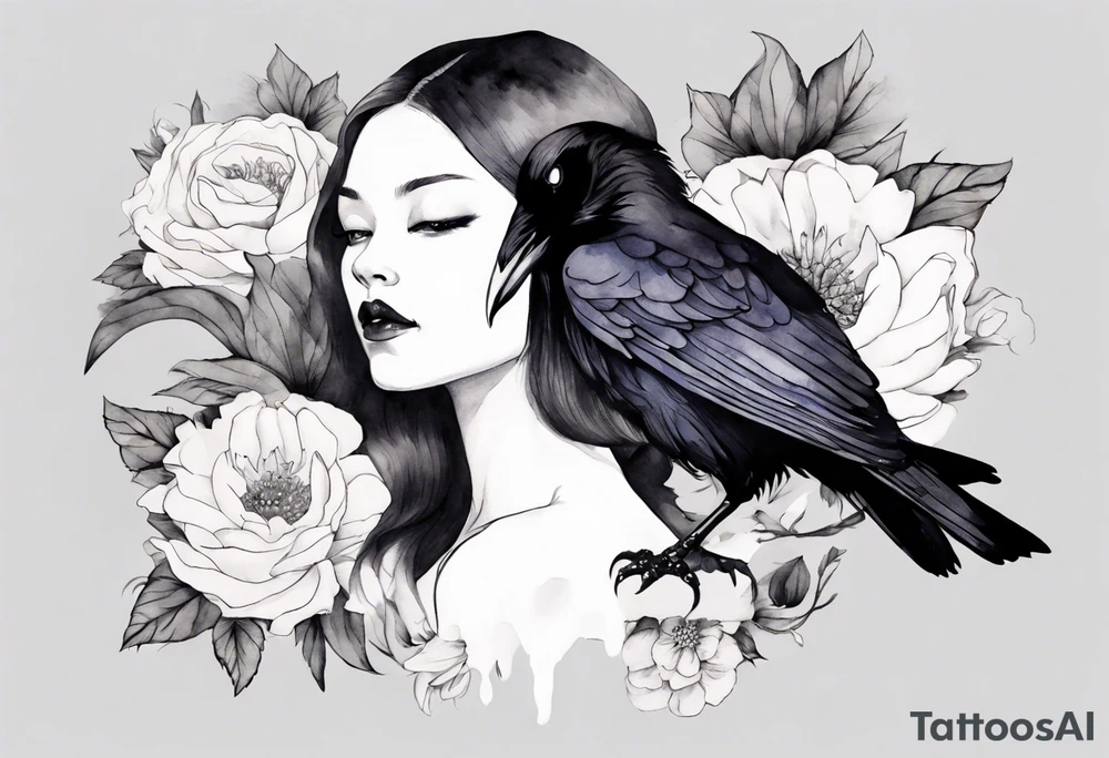 a raven with a white flower in hair tattoo idea