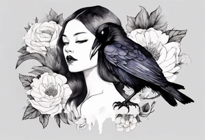 a raven with a white flower in hair tattoo idea