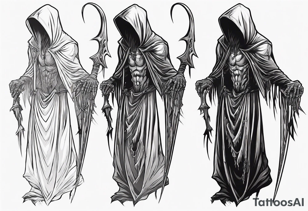 side view, hooded reaper upper body, no skull tattoo idea