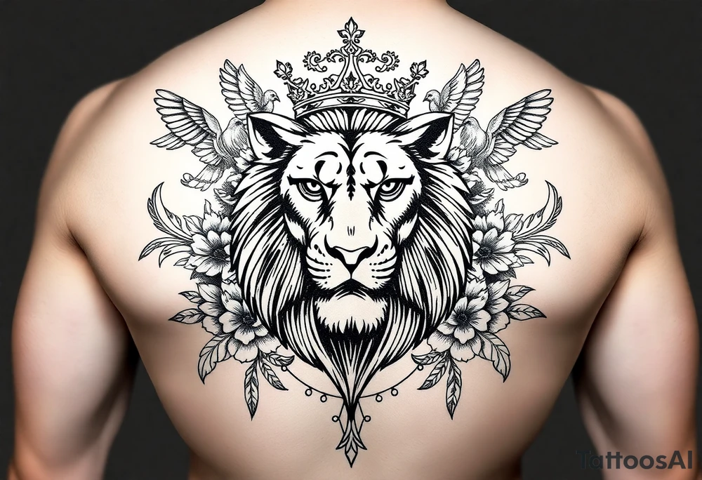 powerful majestic lion with a crown, surrounded by floral ornaments and birds tattoo idea