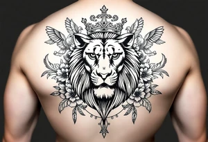 powerful majestic lion with a crown, surrounded by floral ornaments and birds tattoo idea