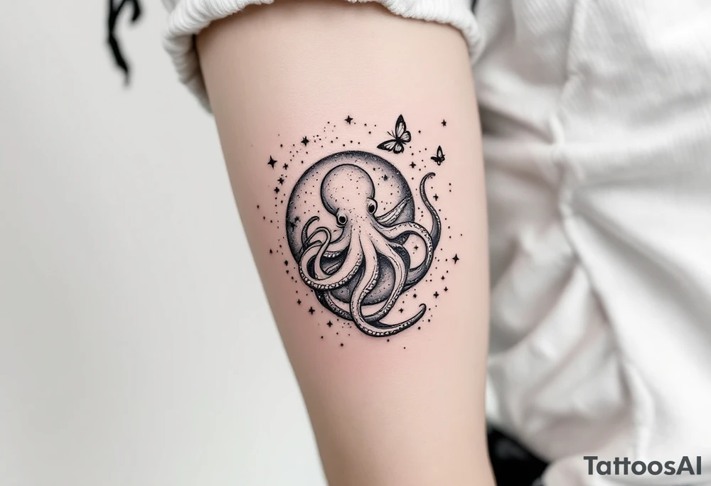 Delicate black ink tattoo in dotwork and fine-line style, representing the Milky Way galaxy in a spiral formation with scattered stars and cosmic dust. Integrate a small, whimsical octopus subtly within the spiral — as if it’s curled into or emerging from the galaxy itself. The octopus should match the dotwork and fine-line aesthetic: minimal, elegant, and softly surreal, blending naturally with the cosmic swirl. Optional: include a couple of tiny butterflies orbiting or interacting with the composition, to add a dreamy, symbolic touch. Style: cosmic minimalism, black ink dotwork, microrealism, poetic surrealism. tattoo idea